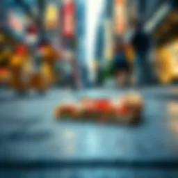 A slice of pizza placed on a sidewalk with people enjoying it in the background