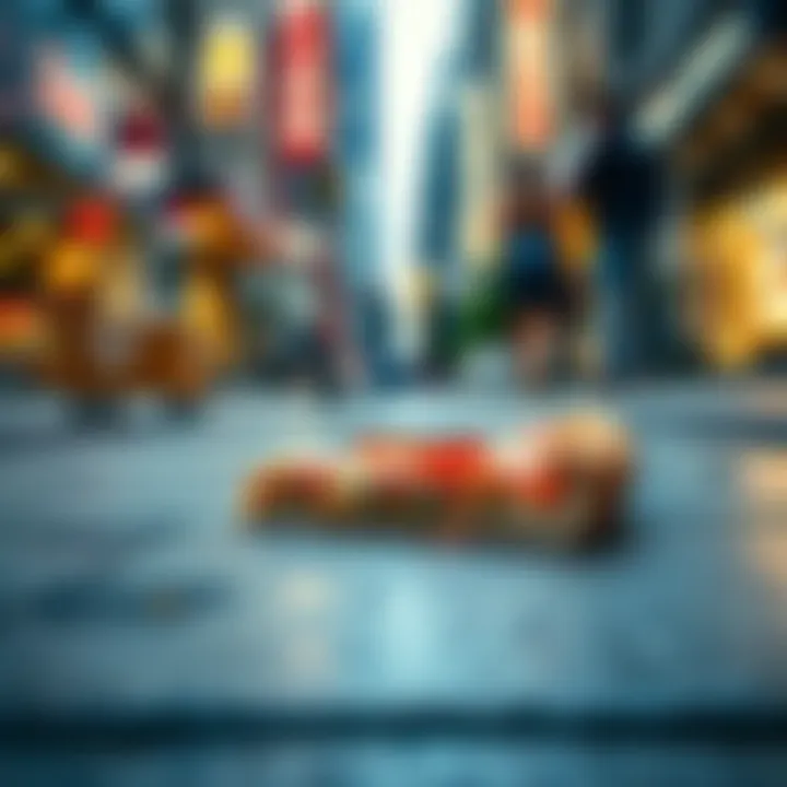 A slice of pizza placed on a sidewalk with people enjoying it in the background