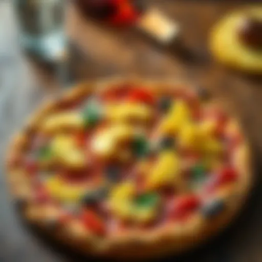 A pizza topped with pineapple slices on a wooden table, showcasing a culinary debate on toppings