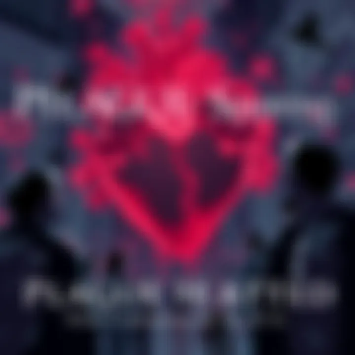 A graphic depiction of a plague heart with a dark, ominous aura, surrounded by concerned residents looking on. Experts are analyzing the situation in the background.