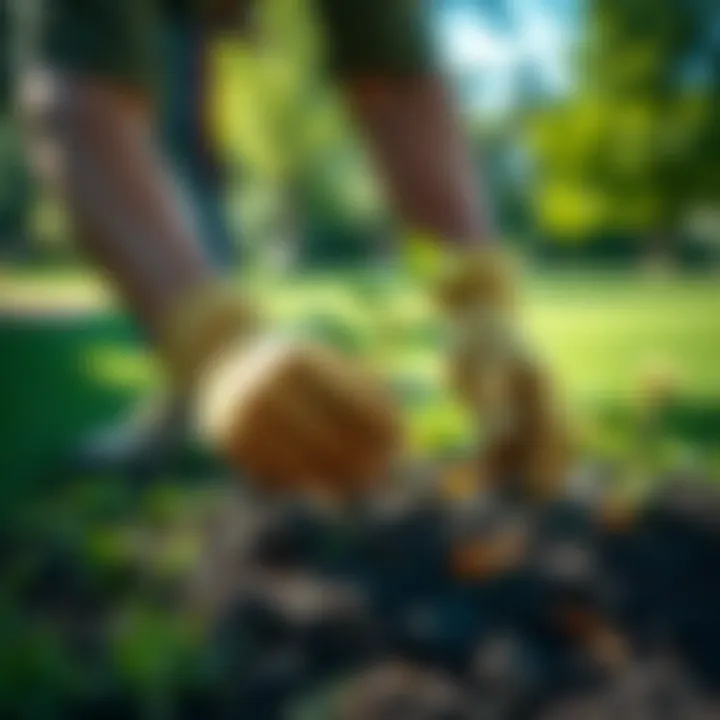 A person wearing gloves plants a young tree in a green park, symbolizing environmental care.