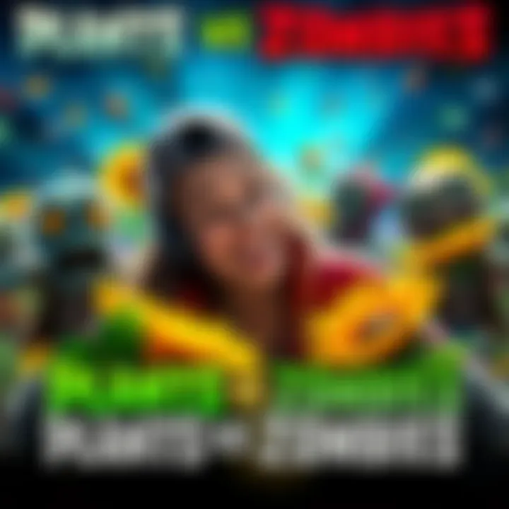 A gamer smiling while celebrating the completion of Plants vs Zombies, surrounded by game characters like sunflowers and zombies.