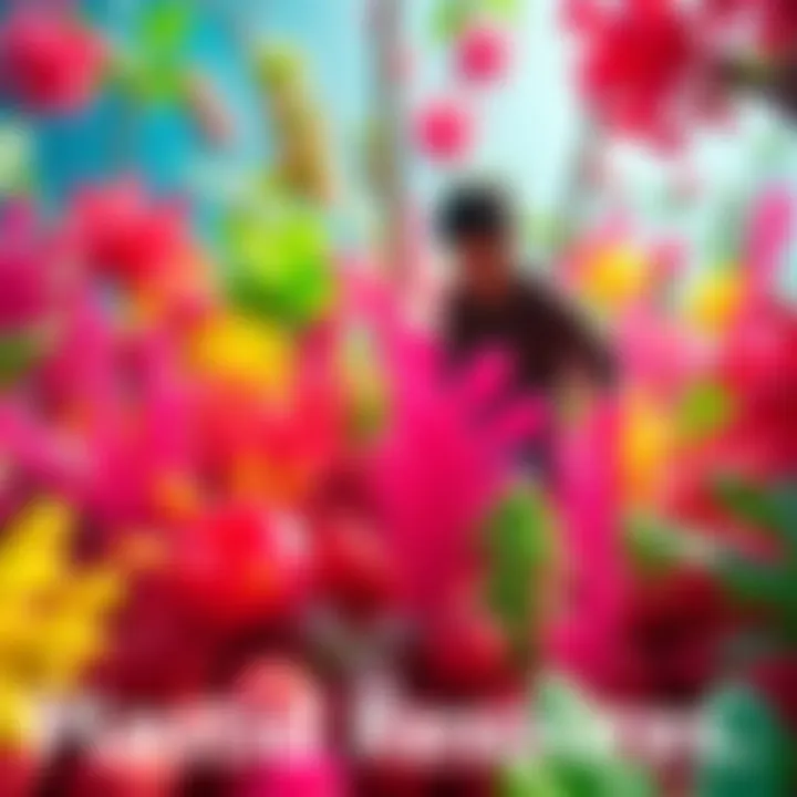 An array of colorful Plastids with a character gathering them from a lush environment