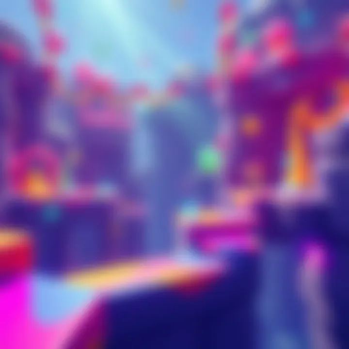 Colorful platforming scene in a video game A vibrant platforming level with colorful platforms and joyful characters jumping across them.