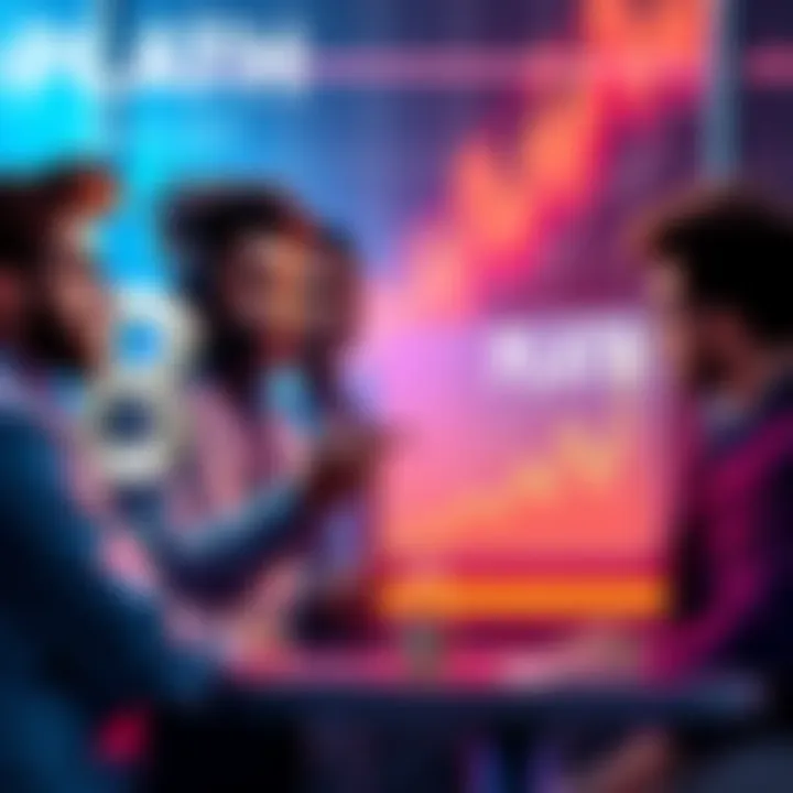 A group of diverse investors discussing a chart showing growth in cryptocurrency values, symbolizing excitement around the PLATH project.
