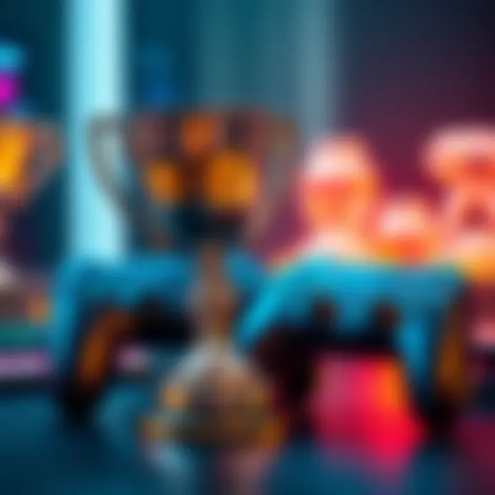 A shiny platinum trophy with a gaming controller beside it, symbolizing achievement in gaming.