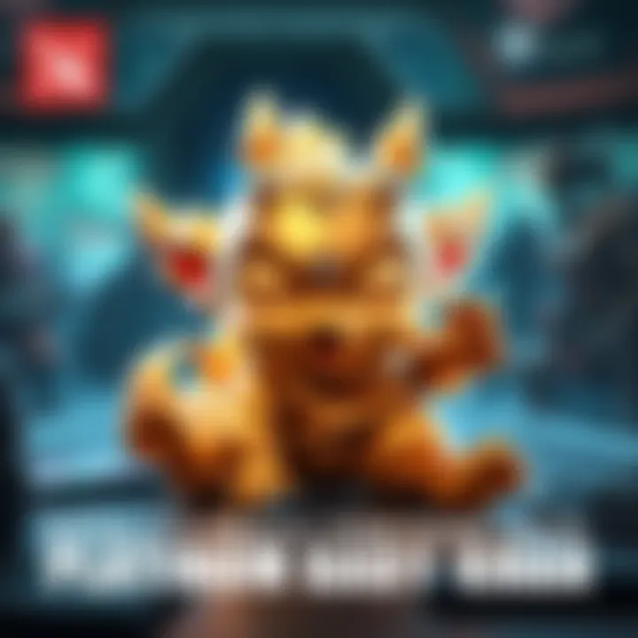 A digital rendering of the Platinum Baby Roshan, a collectible character from Dota 2, featuring a shiny golden appearance and playful expression, set against a gaming background.