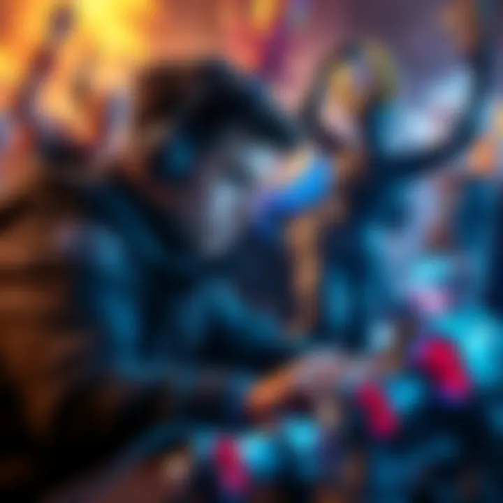 A gamer is focusing on grinding platinum in a popular video game, surrounded by game elements like characters and loot, showing determination and strategy.