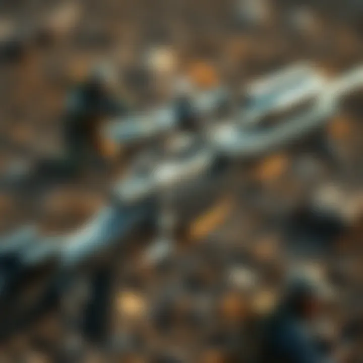 A close-up of a sleek platinum sniper rifle, set against a blurred battlefield background, showcasing its unique design and features for competitive play.