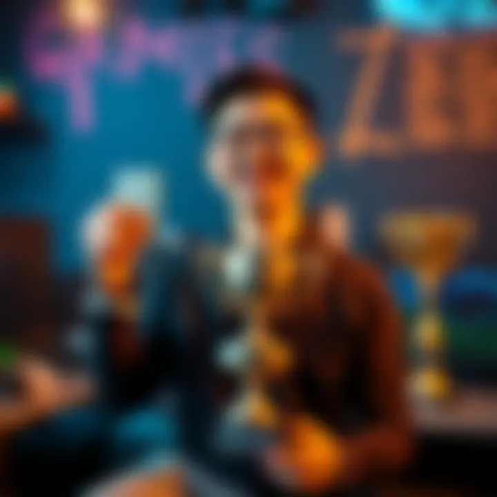 A gamer holding a platinum trophy with a joyful expression, surrounded by gaming consoles and awards