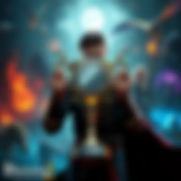 A gamer proudly holds a platinum trophy while surrounded by imagery from Divinity Original Sin 2, showcasing the game's fantasy elements and intense gameplay.