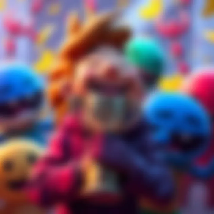 Celebrating Platinum Trophy in Fall Guys A player holding a platinum trophy with a joyful expression, surrounded by colorful Fall Guys characters