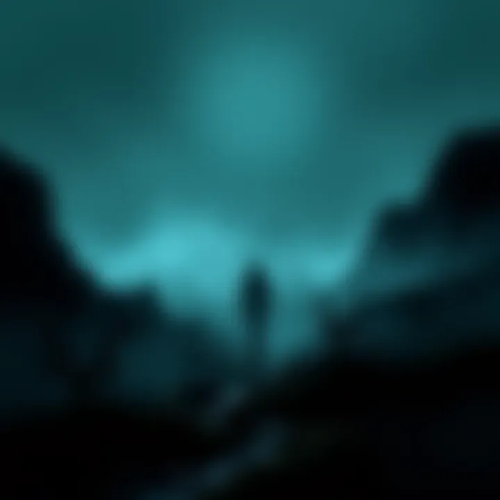 A dark, atmospheric environment with a silhouetted character walking through a moody landscape. The visuals are striking, showcasing the game's unique art style and immersive sound design.