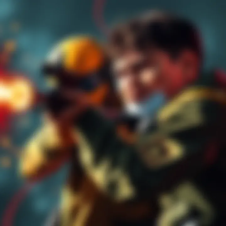 Player accidentally shoots teammate during game A player aiming at an enemy accidentally fires, hitting a teammate instead, with expressions of shock on their faces