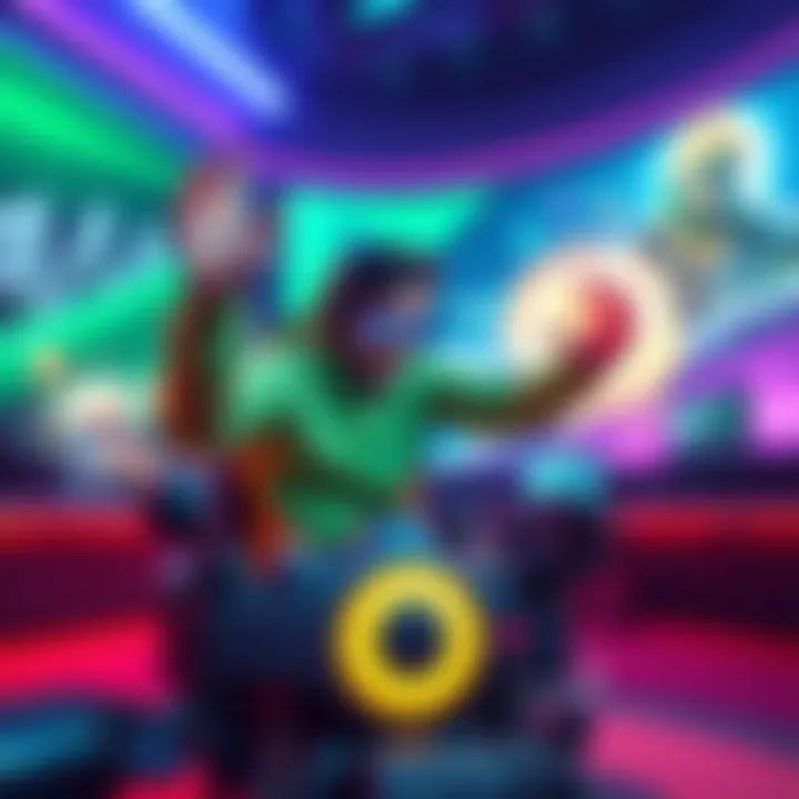 A gamer in a vibrant gaming setup joyfully using Lucio's ultimate ability in a video game, surrounded by colorful graphics on the screen.