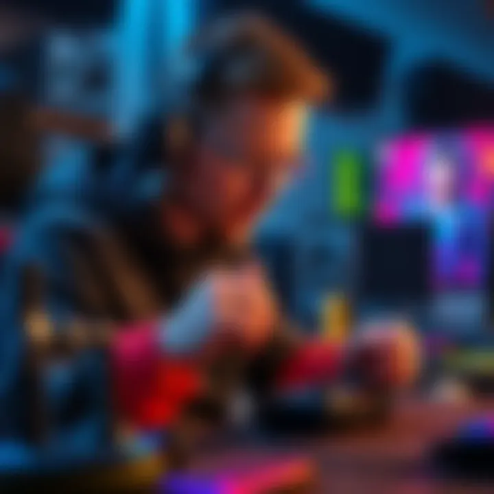 A gamer focused on configuring their left air roll binding on a controller, surrounded by gaming gear and focused on performance.