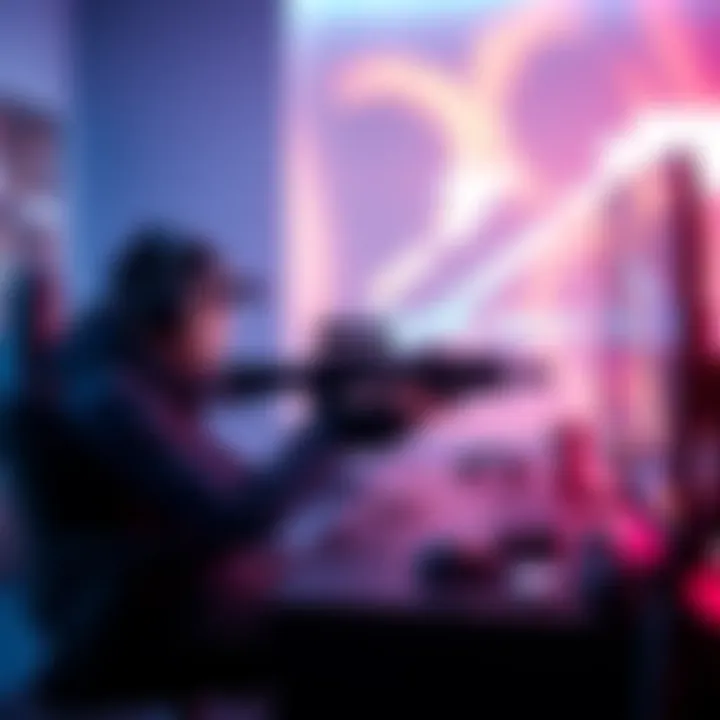 Player training aim with focus A gamer sits in front of a computer, practicing aim and concentration during training sessions, surrounded by gaming gear.