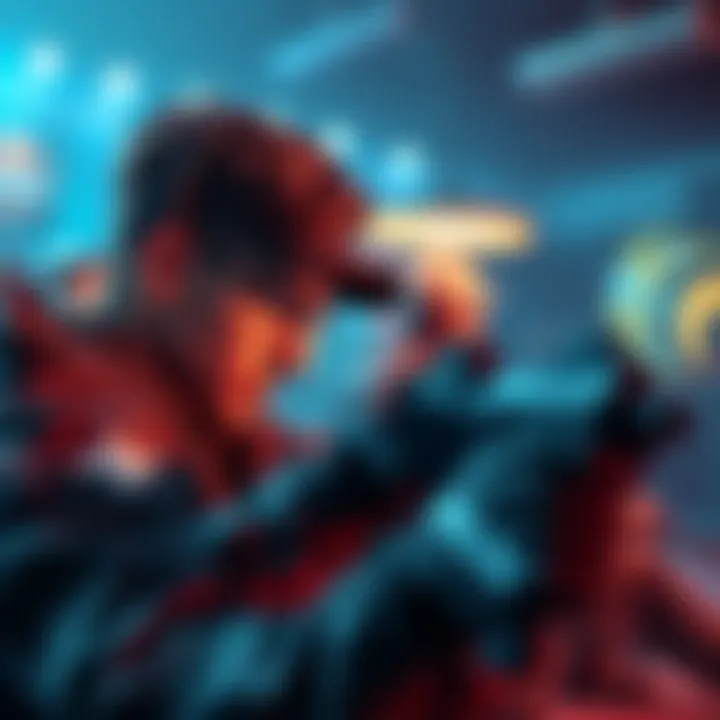 A gamer focused on their screen, aiming at an opponent in a battle royale setting, with a tense expression.