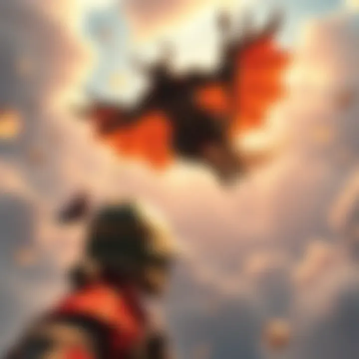 A player takes aim at Radahn, a large character, as he flies in the air, ready to shoot him down with an arrow. The scene shows determination and focus.