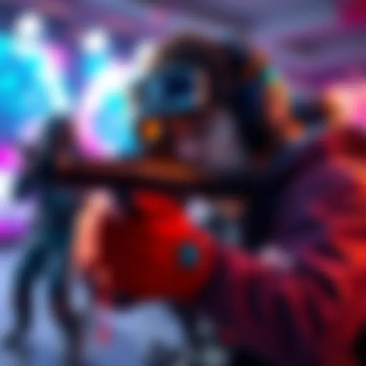 Player aiming in Wildcard mode A focused gamer aiming their weapon in a virtual Wildcard match, surrounded by action and competition.