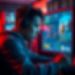 A gamer reviews their achievements and statistics on a screen while looking concerned about their game stage progress.