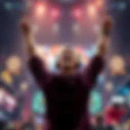 A joyful gamer celebrates a surprising achievement on screen while raising their arms in excitement.