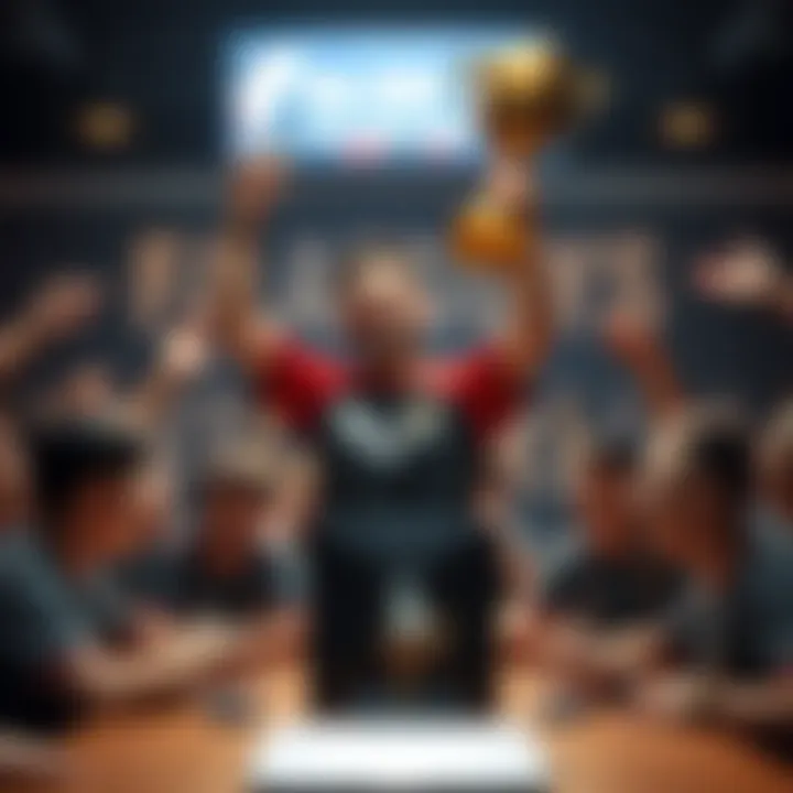 A joyful player holding a trophy after winning five consecutive matches in Fall Guys, surrounded by supportive teammates in an online forum