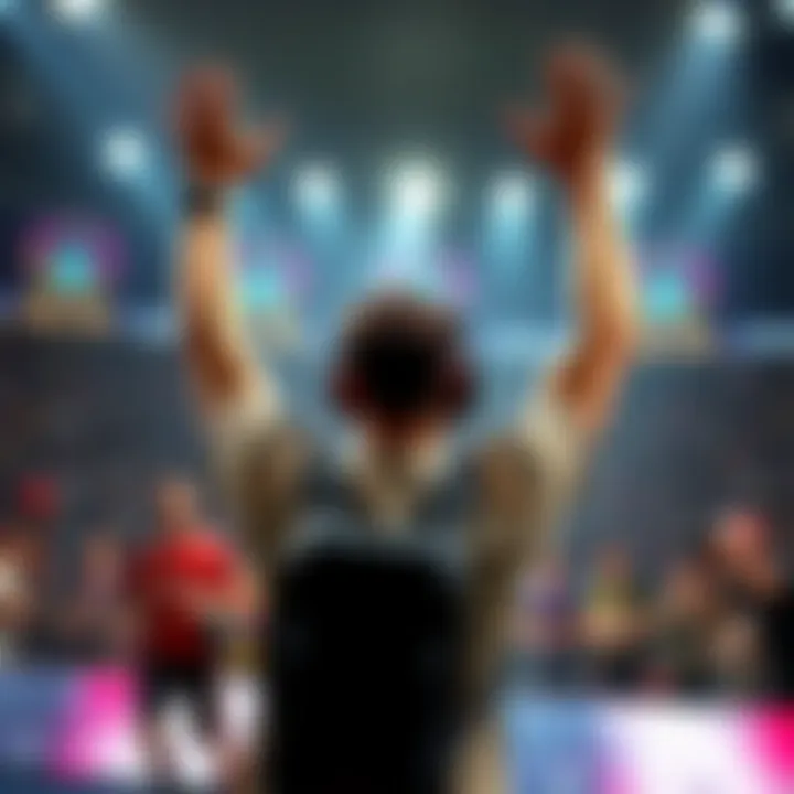 A gamer raises their arms in triumph after winning the finals, celebrating the achievement of reaching platinum rank.