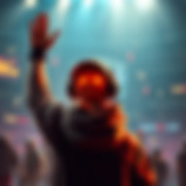 A player raises their hand in victory after achieving first blood in a game, showing excitement and achievement.