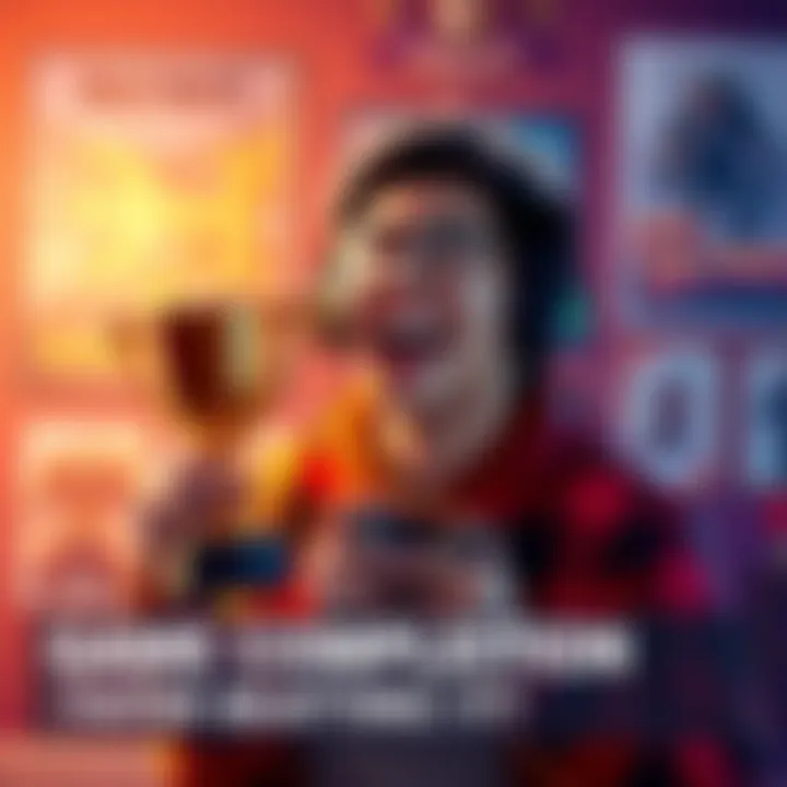 A gamer with a big smile, holding a trophy and surrounded by game-related items like controllers and posters, indicating joy after finishing a game.