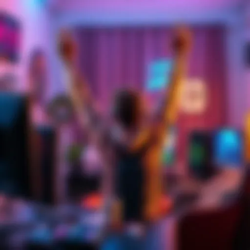 A gamer raises their arms in celebration after finishing a challenging game on a computer, showing emotion and excitement in a cozy gaming setup.