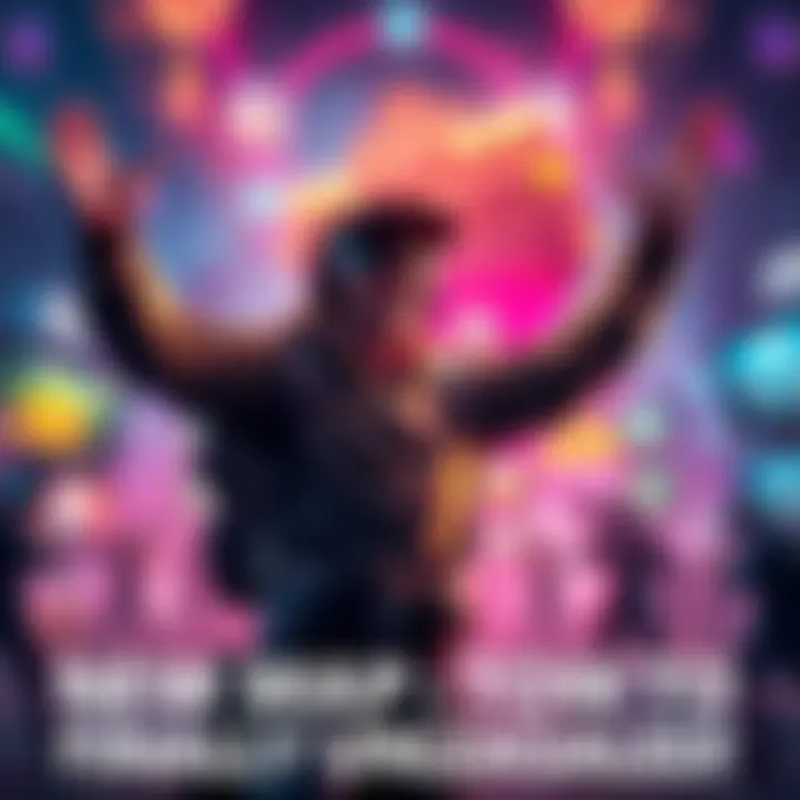 A player celebrating the completion of a new game map, with a vibrant game environment in the background.