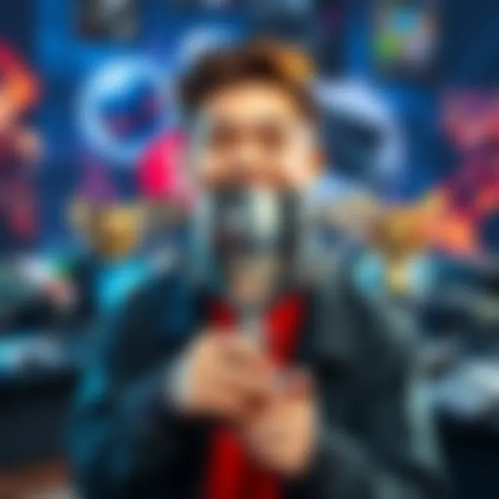 A gamer smiles proudly while holding a shiny Platinum Trophy, symbolizing their first major gaming achievement. The background shows gaming consoles and trophies, highlighting a gaming atmosphere.