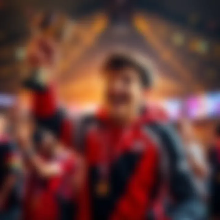 Player Celebrating in Tournament A gamer celebrating a victory during a ranked cup tournament, showing excitement and joy while holding a trophy.