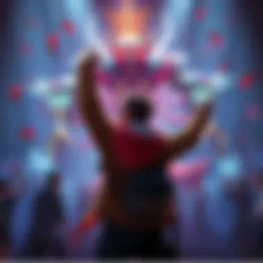 Player Celebrating Victory Against Malenia A gamer celebrating after defeating Malenia, surrounded by cheering friends and game elements on the screen