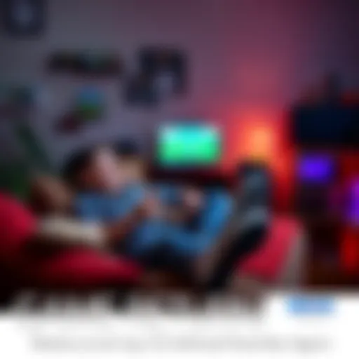 A person happily playing a childhood video game on a couch, surrounded by gaming memorabilia, with a console in the background