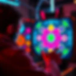 A gamer intensely focused on playing a tricky Nine Circles level on their screen, showing vibrant graphics and colorful patterns.