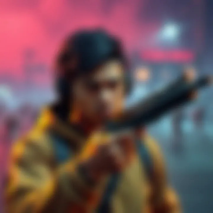 A gamer looking worried while holding a founder's weapon in a virtual game environment, with a storm shield mission backdrop and zombies in the distance.