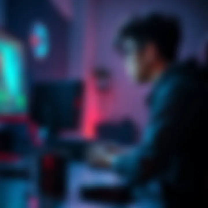 A gamer looks thoughtful, sitting in front of a computer with a gaming setup, surrounded by game controllers and a coffee mug, reflecting on their gaming experience after a break.