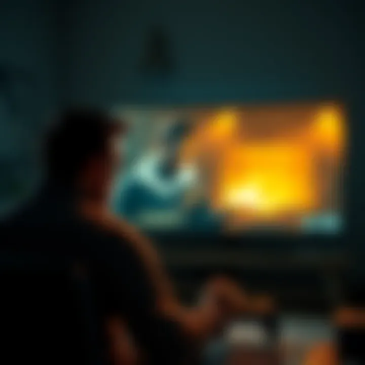 A gamer sits in front of a screen showing the character JC Denton from Deus Ex, considering playing Invisible War on Steam, with game controllers nearby.