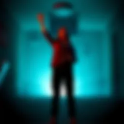 A gamer standing in a dimly lit room with a game controller, celebrating after defeating the character Alisa in a survival horror game.