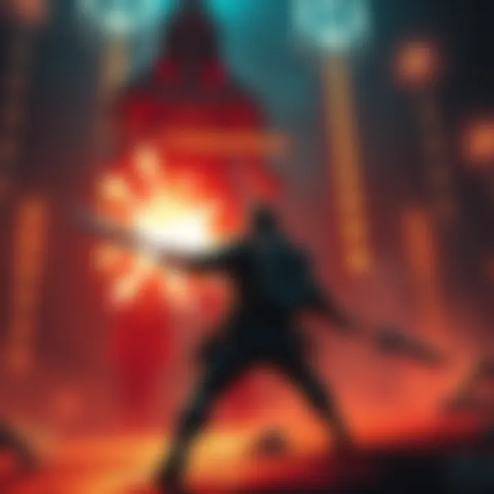 A video game character easily defeating the Door Guardian in an action-packed scene, showcasing their high power level and skills.
