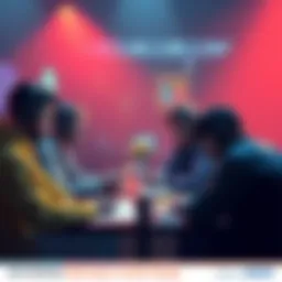 A group of gamers gathered around a table, sharing ideas on improving the trials system in gaming, with notes and diagrams visible.