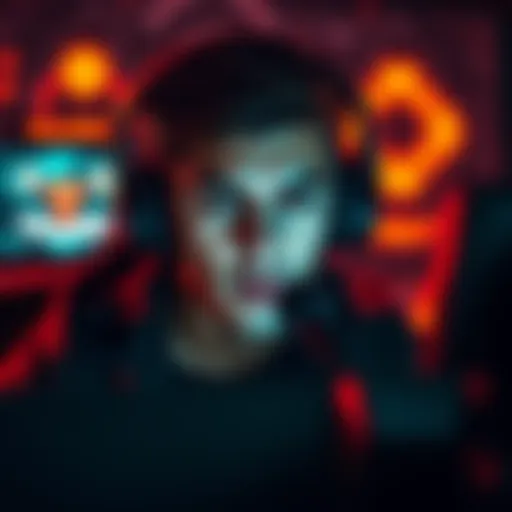 A gamer with a focused expression, wearing a headset, immersed in a dark, intense gaming environment with glowing screens showing the villain role.