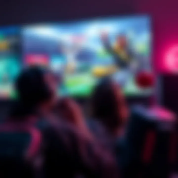 A gamer intensely watching a POV video on a large screen, surrounded by gaming gear and exclusive merchandise drops, showcasing excitement and engagement.