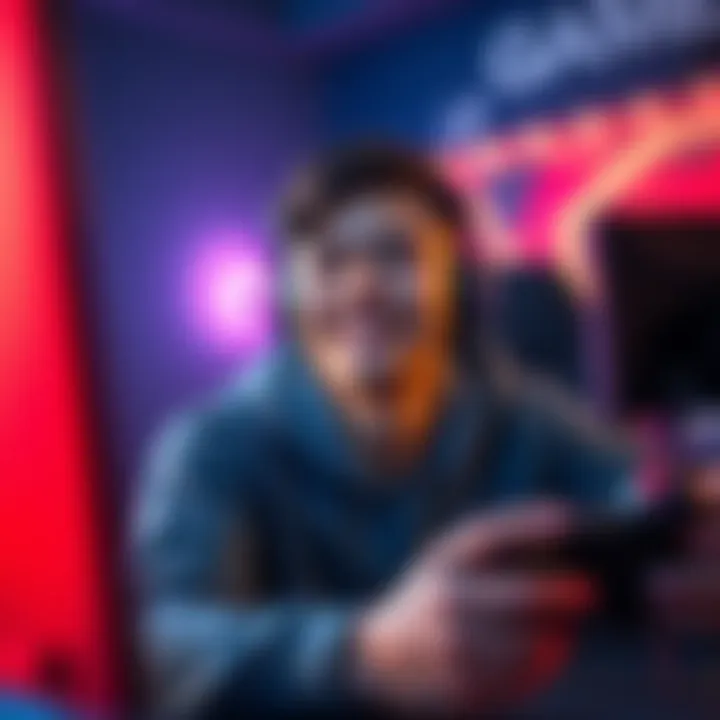 Player enjoying a moment in gaming A gamer smiles while playing a video game, showcasing the joy of a satisfying gaming moment.