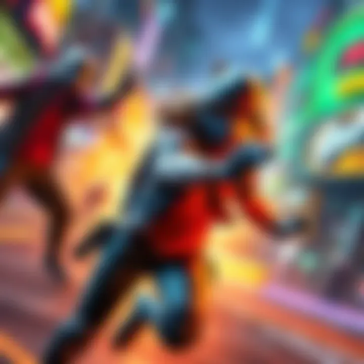 A gaming character skillfully evading an attack in a vibrant game environment