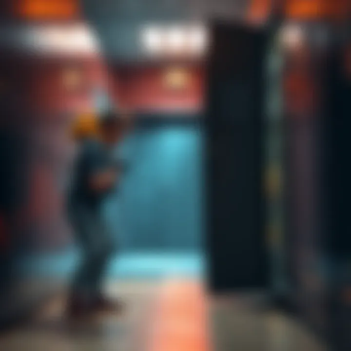 A character in a game trying to escape from a locker, looking determined as they pull open the locker door.