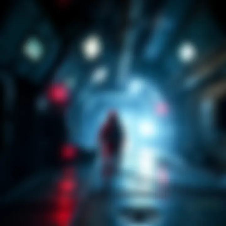 Player evading an alien creature in a dark space station A character sneaks past a xenomorph in a dimly lit, decaying space station filled with hazards