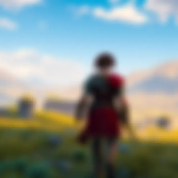 A player character in ancient Greek armor walking through a vibrant landscape with ruins and mountains in the background